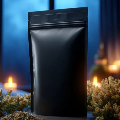Black foil packaging with dried herbs on a dark background with candles and plants
