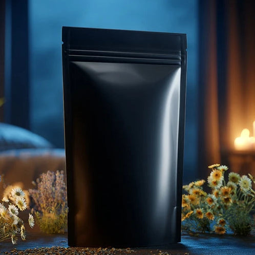 Black packaging pouch in a mystical setting with candles and flowers