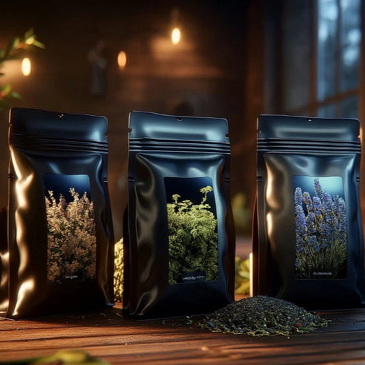 Three black coffee bags with visible coffee beans on a wooden surface, softly lit.