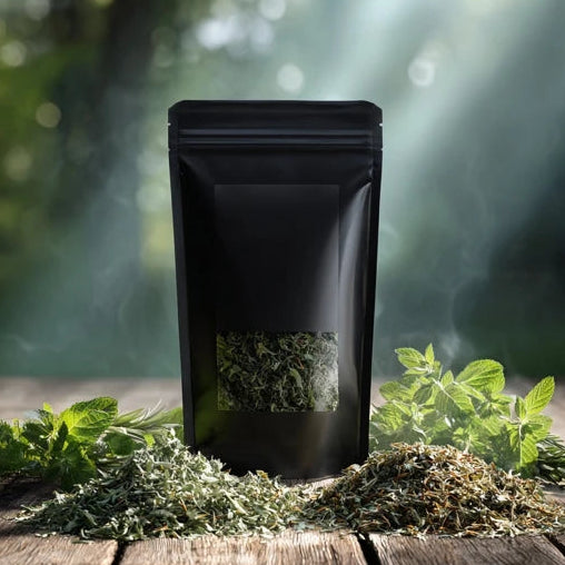 Black packaging of dried herbs on a wooden surface with a natural background
