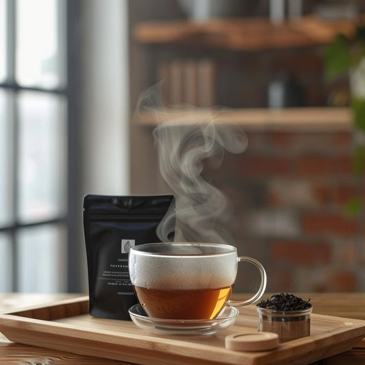 Steaming cup of tea on a wooden tray with a blurred background