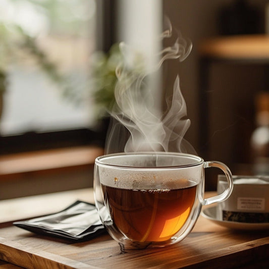Steaming hot beverage in a clear glass mug on a wooden tray with a blurred background