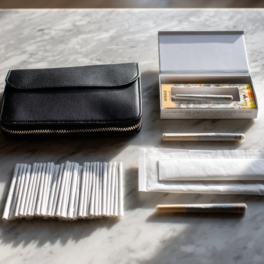 Cigarette packaging and accessories on a marble surface